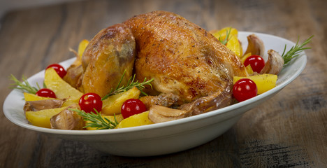 Roast chicken and various vegetables on a white plate