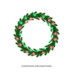 Fototapeta na wymiar Christmas wreath with string lights garland. Winter seasonal decoration for Xmas celebration