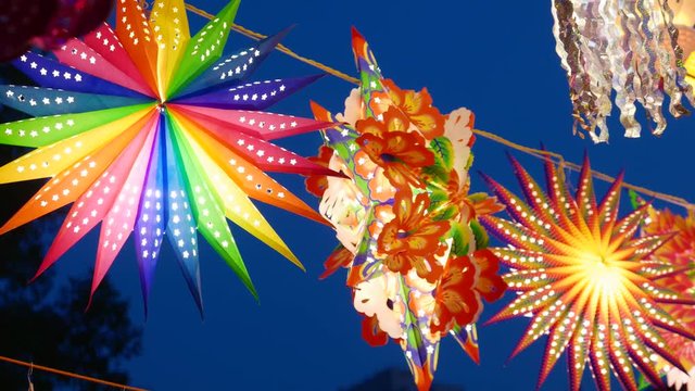  4K footage of Traditional lantern close ups on street side shops on the occasion of Diwali festival in Mumbai, India.