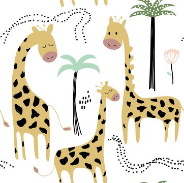 childish jungle texture with giraffe and tropical elements. seamless pattern. vector illustration