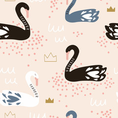 Seamless childish pattern with swans. Creative nursery texture. Perfect for kids design, fabric, wrapping, wallpaper, textile, apparel