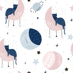 Motif enfantin sans couture avec des chats sur les lunes et le ciel étoilé. Texture créative d& 39 enfants pour le tissu, l& 39 emballage, le textile, le papier peint, l& 39 habillement. Illustration vectorielle