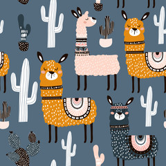 Seamless pattern with cute llamas ans cactuses. Creative hand drawn llama childish texture. Great for fabric, textile Vector Illustration © solodkayamari