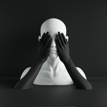 3d render, white female mannequin head, eyes closed by hands, blind concept, fashion concept, isolated object, black background, shop display, body parts, pastel colors