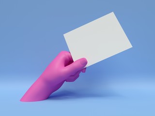 3d render, pink hand holding blank card, isolated on blue, abstract fashion background, shop display, mannequin body part, show, presentation