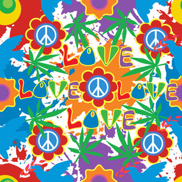 Background in the style of 60x. Psychedelic seamless pattern. Hippie, cannabis leaves, flowers, a symbol of pacifism.