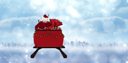 Composite image of rear view of santa claus riding on sled with