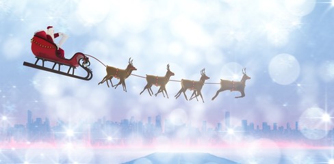 Composite image of side view of santa claus riding on sleigh