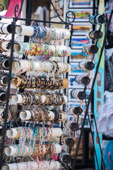 Beaded colorful braceletes at a souvenir shop.