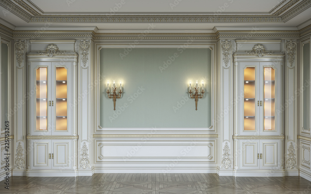 Wall mural classic interior in olive colors with wooden wall panels, showcases and sconces . 3d rendering.