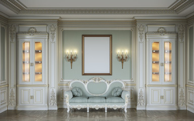 Сlassic interior in olive colors with wooden wall panels, showcases, sconces, frame and sofa . 3d rendering.