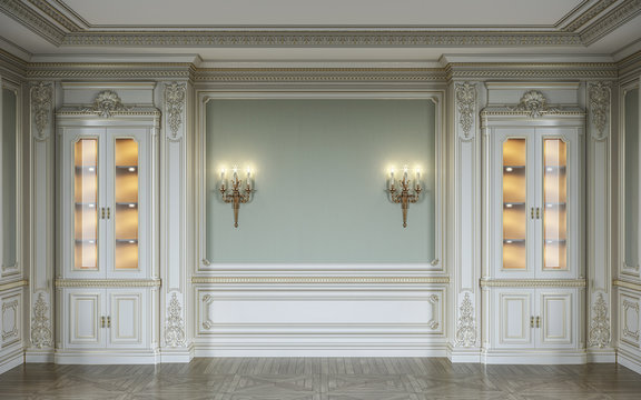 classic interior in olive colors with wooden wall panels, showcases and sconces . 3d rendering.