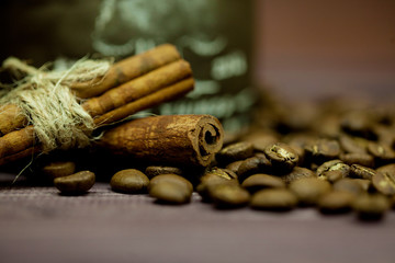 Christmas spices and baking ingredients,coffee beans close up on wooden background