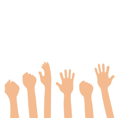 Isolated up hands holding together. Teamwork, collaboration, voting, concert. Colorful vector flat illustration concept
