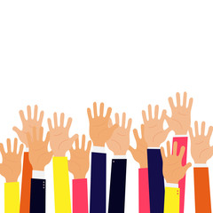 Isolated up hands holding together. Teamwork, collaboration, voting, concert. Colorful vector flat illustration concept