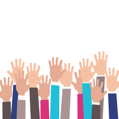 Isolated up hands holding together. Teamwork, collaboration, voting, concert. Colorful vector flat illustration concept