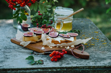 Bruschetta with cheese, fresh figs, pine nuts and honey on rustic board