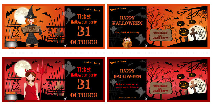 Halloween invitations cards set face and turnover. Halloween leaflets with girls in Halloween costumes. Vector illustration