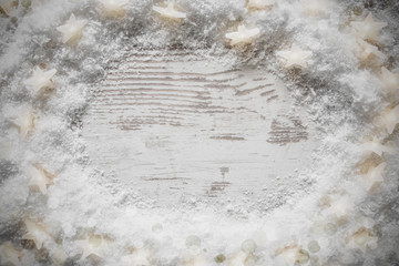 White Wooden Christmas Background, Snow And Lights