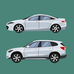 Set of vehicles suv and sedan in side view.