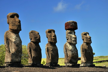 Chile. Easter Island. Traveling around the island you can meet everywhere huge statues carved out...