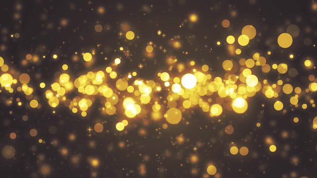 Gold light shine particles bokeh, holiday concept. Christmas animated golden background with circles and stars. Space background. Seamless loop.