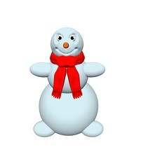 Snowman with red knit scarf 3D illustration isolated on white background.
