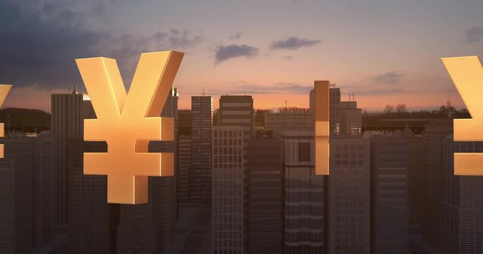 Japanese Yen Sign In The City - Business Related Aerial 3D City Flight Animation Over Skyscrapers