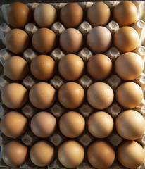 Brown eggs in carton box, Broken egg with yolk in background