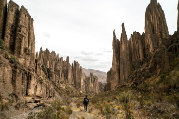 Hiking Through Valley of Rock Cliffs in La Paz Bolivia