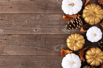 Autumn side border of golden and white pumpkins on a rustic wood background. Top view with copy space.