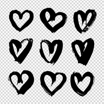 Abstract big black textured smears in heart shape isolated on imitation transparent background