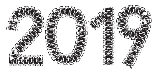 2019 inscription made from tank and tractor tracks, isolated on white © rustamank