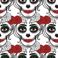 Seamless pattern. Catrina woman with make up of sugar skull. Dia de los muertos. Mexican Day of the dead. Vector illustration hand drawing