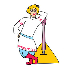 A young man in a traditional Russian national costume with a large balalaika.