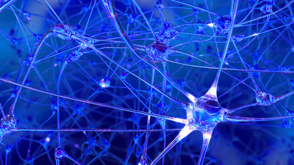 3D rendering of artificial intelligence. Networks of artificial nerve cells and synapses in the brain of a robot through which electrical impulses and discharges pass