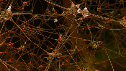 3D rendering of artificial intelligence. Networks of artificial nerve cells and synapses in the brain of a robot through which electrical impulses and discharges pass