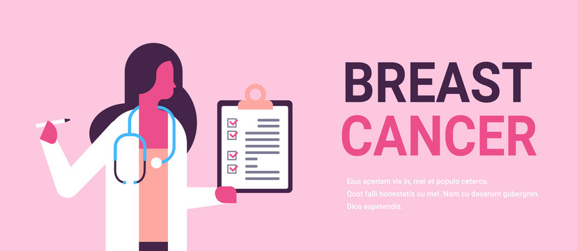 breast cancer day female doctor holding clipboard disease awareness prevention poster woman cartoon character horizontal copy space flat vector illustration