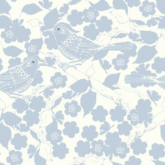 Seamless pattern with birds and blossoming trees. Hand-drawn Vector Illustration.