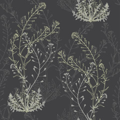 Seamless pattern with shepherd's purse on a dark background. Hand-drawn vector illustration.