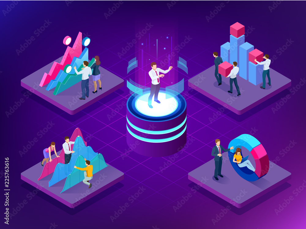 Poster isometric concept of business teams meeting working with new startup project, analysis data the char
