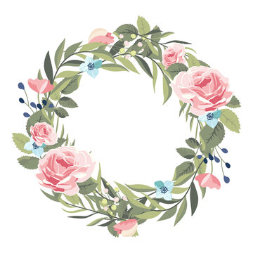 Wreath Of Vintage Pink Roses On A White Background. Vector Illustration