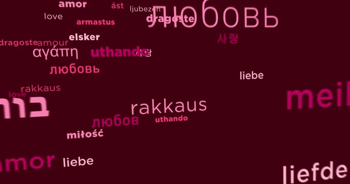The word love in many languages seamless animation. 3D flight between words finally in heart shapes.