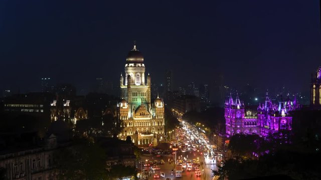 Time lapse footage of Municipal headquarter BMC and Chhatrapati Shivaji Terminus (CSMT) formerly Victoria Terminus in Mumbai, India is a UNESCO World Heritage Site and historic railway station.