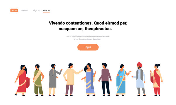 indian people group wearing national traditional clothes hindu man woman communication concept male female cartoon character full length isolated horizontal copy space flat vector illustration