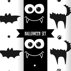 Set of monochrome halloween patterns with cats, bats and vampire. Ornament for textile and wrapping. Vector.