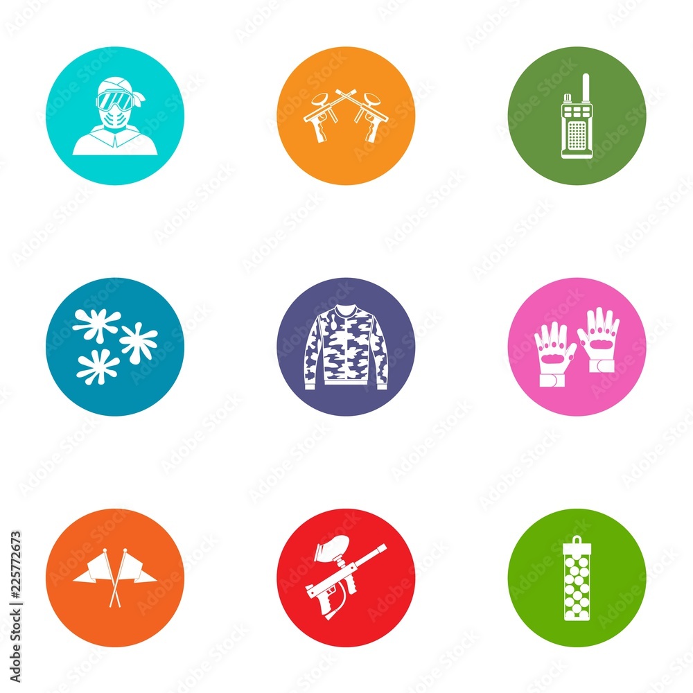 Poster paintball icons set. flat set of 9 paintball vector icons for web isolated on white background
