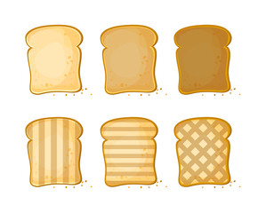 White bread, Set of 6 slices toast bread, vector illustration isolated on a white background. Bakery product in cartoon style.