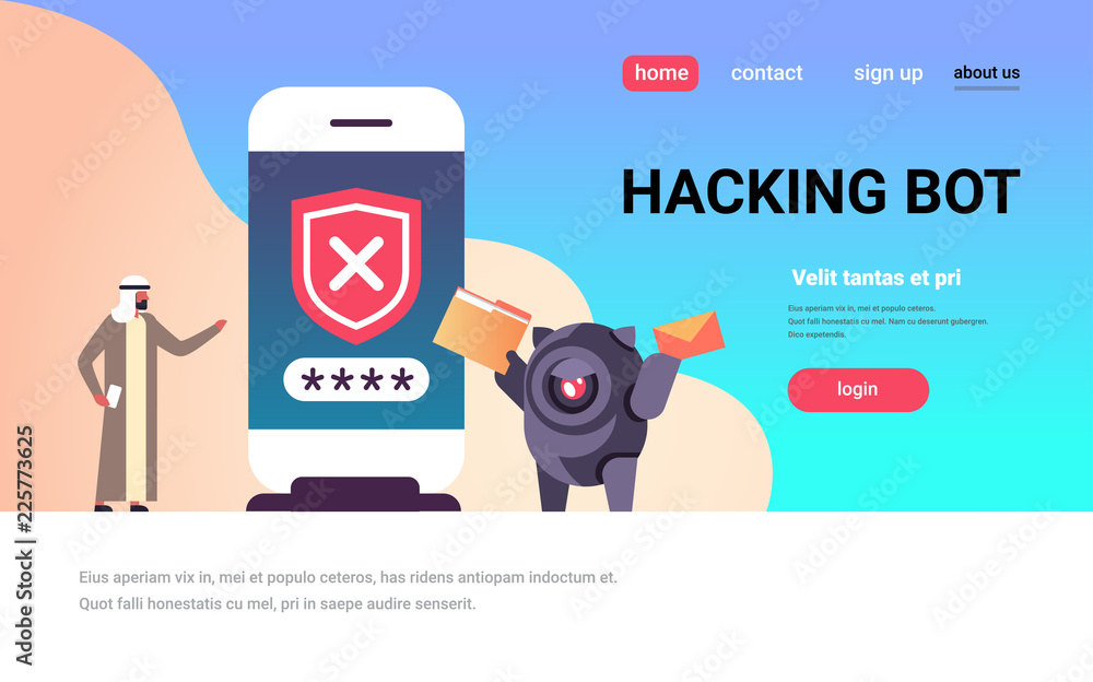 Poster arabic man incorrect password hacking bot smartphone verification mobile security app access concept