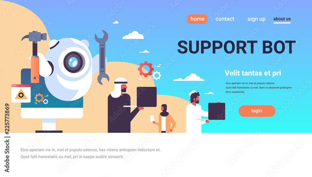 Poster support bot robot wrench service repair concept artificial intelligence arabic people using gadgets 